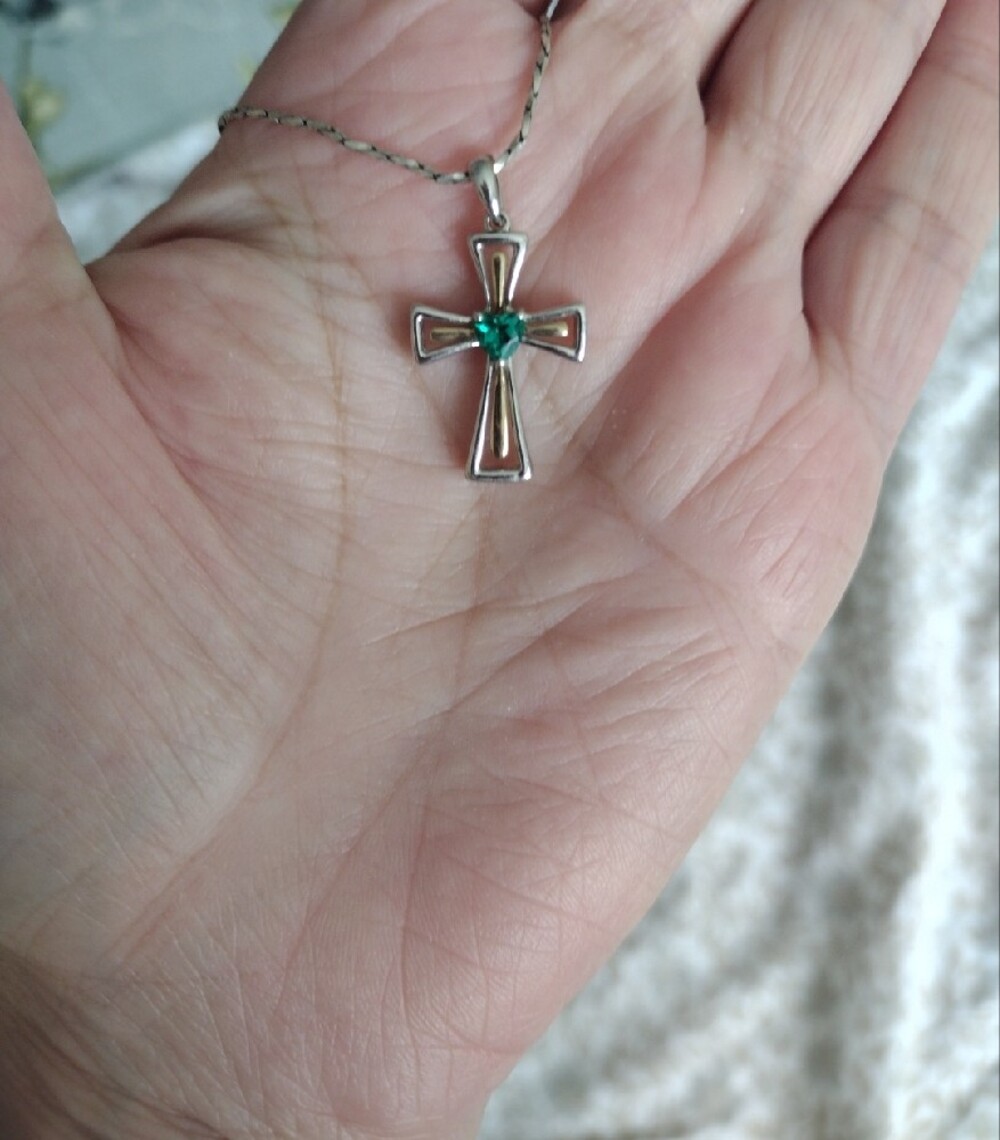 Sterling Silver Emerald Heart Cross Necklace - Picture 6 of 9